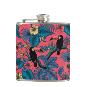 Toucan garden in red and blue hip flask
