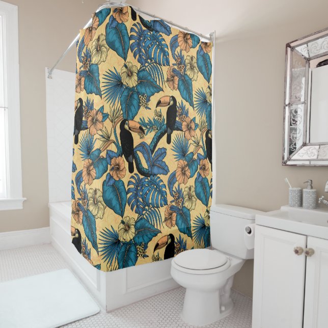 Toucan garden in yellow and blue shower curtain (In Situ)