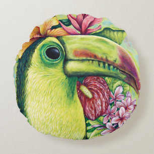 Toucan Green Tropical Hawaiian Art Round Pillow