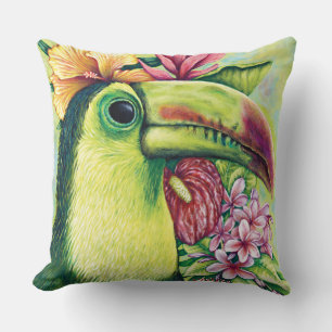 Toucan Green Tropical Hawaiian Art Throw Pillow