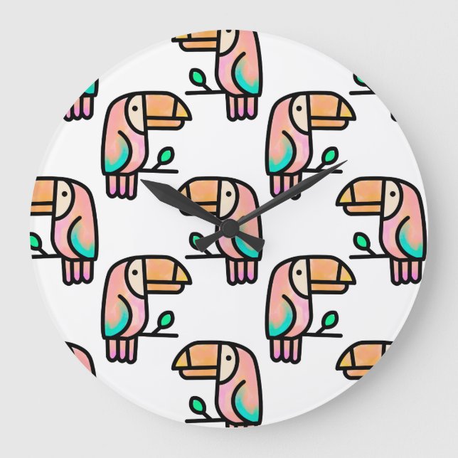 toucan jungle bird pastel rainbow cartoon pattern large clock (Front)
