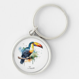 Toucan on Branch Watercolor Art, custom Key Ring