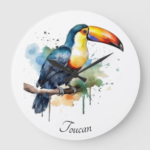 Toucan on Branch Watercolor Art, custom Large Clock