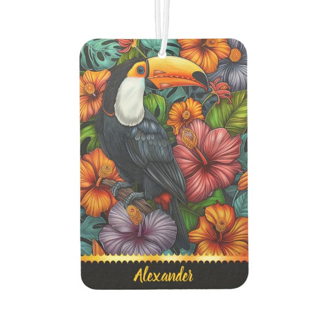 Toucan parrot among bright tropical flowers car air freshener (Back)