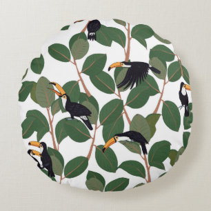 Toucan parrot bird with ficus palm leaves seamless round cushion