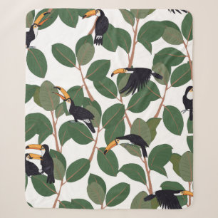 Toucan parrot bird with ficus palm leaves seamless sherpa blanket