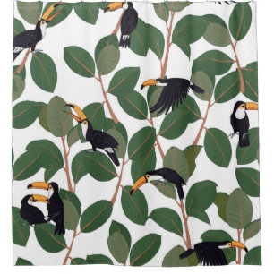 Toucan parrot bird with ficus palm leaves seamless shower curtain