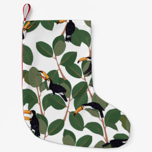 Toucan parrot bird with ficus palm leaves seamless small christmas stocking