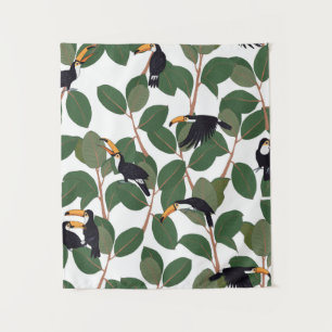 Toucan parrot bird with ficus palm leaves seamless tapestry