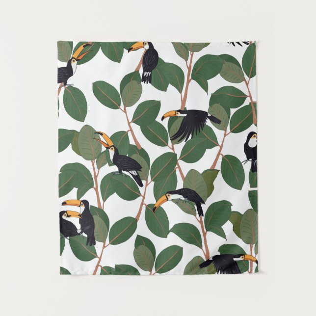 Toucan parrot bird with ficus palm leaves seamless tapestry (Front)