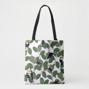 Toucan parrot bird with ficus palm leaves seamless tote bag