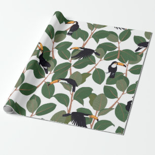 Toucan parrot bird with ficus palm leaves seamless wrapping paper
