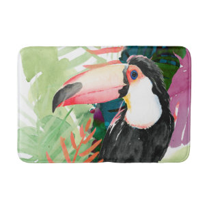 Toucan Portrait with Tropical Leaves Bath Mat