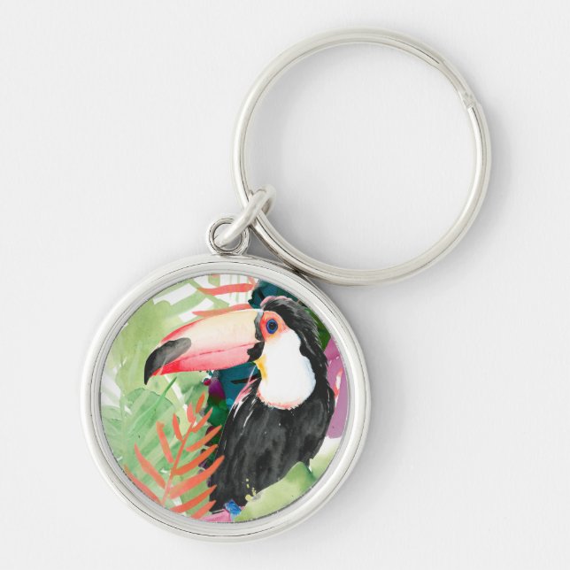 Toucan Portrait with Tropical Leaves Key Ring (Front)