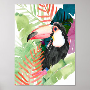 Toucan Portrait with Tropical Leaves Poster
