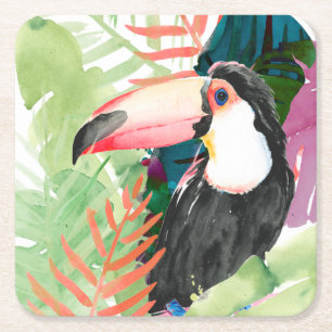 Toucan Portrait with Tropical Leaves Square Paper Coaster