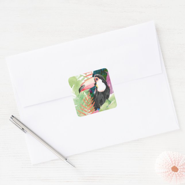Toucan Portrait with Tropical Leaves Square Sticker (Envelope)