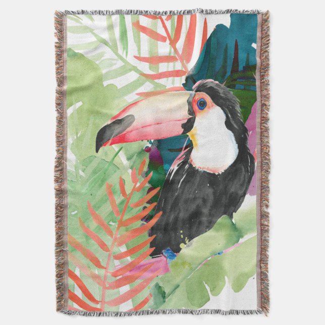 Toucan Portrait with Tropical Leaves Throw Blanket (Front Vertical)