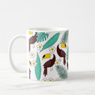 Toucan seamless patter, tile with palm leaves and coffee mug