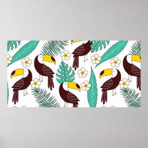 Toucan seamless patter, tile with palm leaves and  poster