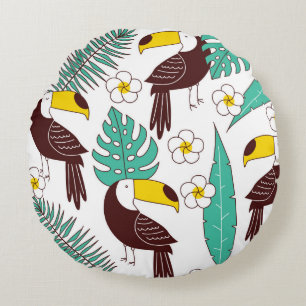 Toucan seamless patter, tile with palm leaves and round cushion