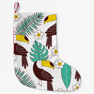 Toucan seamless patter, tile with palm leaves and small christmas stocking