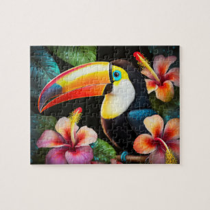 Toucan Tropical Bird with Hibiscus Flowers Jigsaw Puzzle