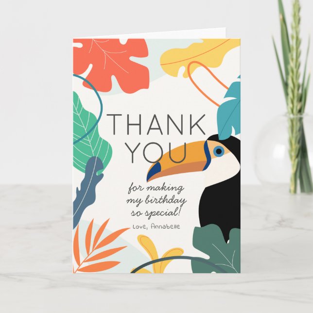 Toucan Tropical Leaf Birthday Thank You Card (Front)