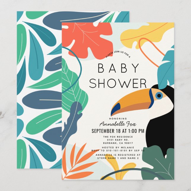 Toucan Tropical Leaf Gender-neutral Baby Shower Invitation (Front/Back)