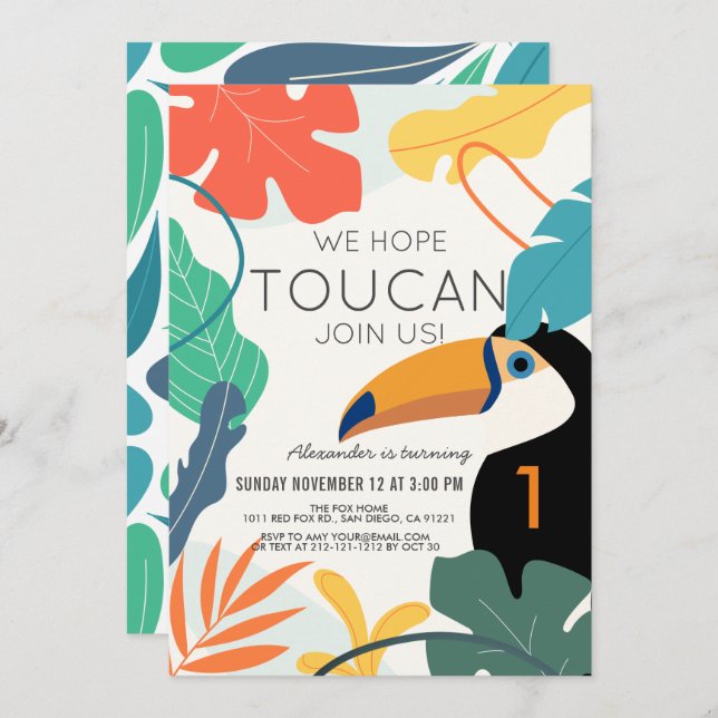 Toucan Tropical Leaf Modern 1st Birthday Invitation (Front/Back)