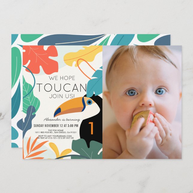 Toucan Tropical Leaf Modern 1st Birthday Photo Invitation (Front/Back)