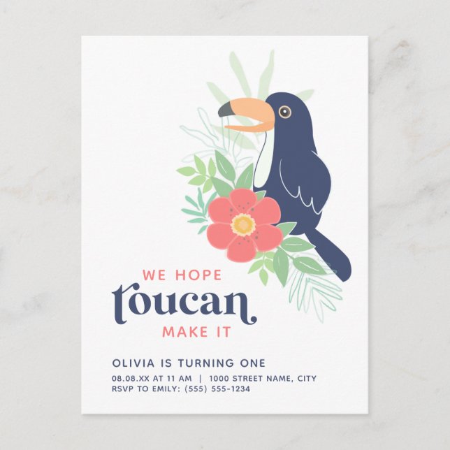 Toucan Tropical Palm Leaves Birthday Invitation Postcard (Front)