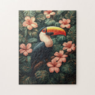 Toucan Tropical Pink Flowers Painting Jigsaw Puzzle