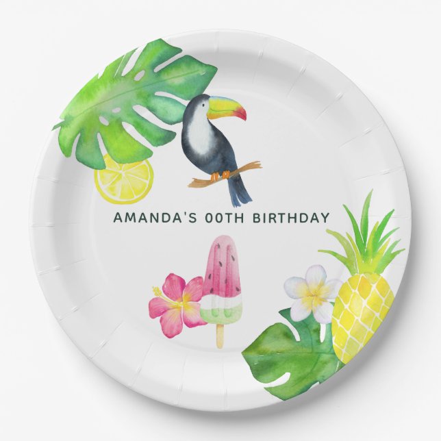 Toucan Tropical Watercolor Summer Party Paper Plate (Front)