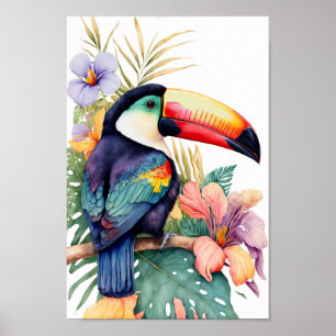 Toucan wall art with tropical flowers print