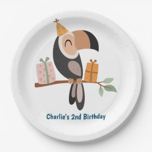 Toucan with party hats and gifts paper plate