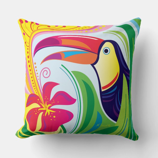 Toucan with Tropical Flower Cushion (Front)