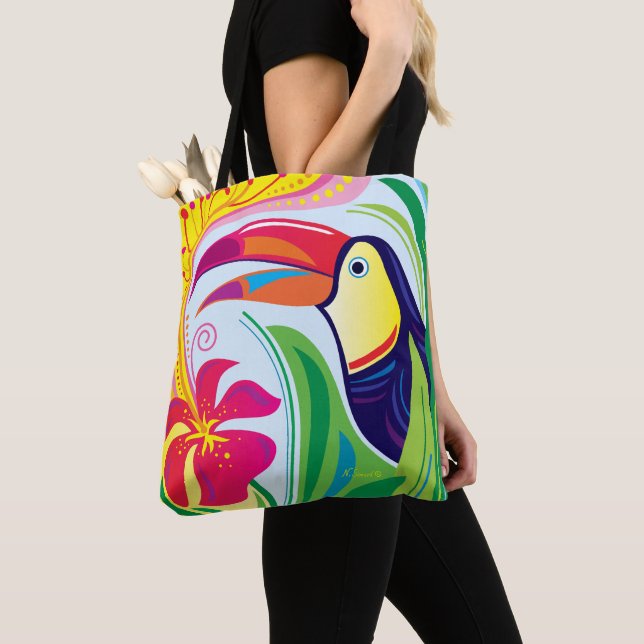 Toucan with Tropical Flower Tote Bag (Close Up)