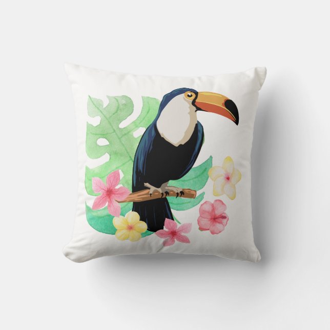 Toucan With Tropical Flowers Cushion (Front)