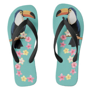 Toucan With Tropical Flowers Flip Flops