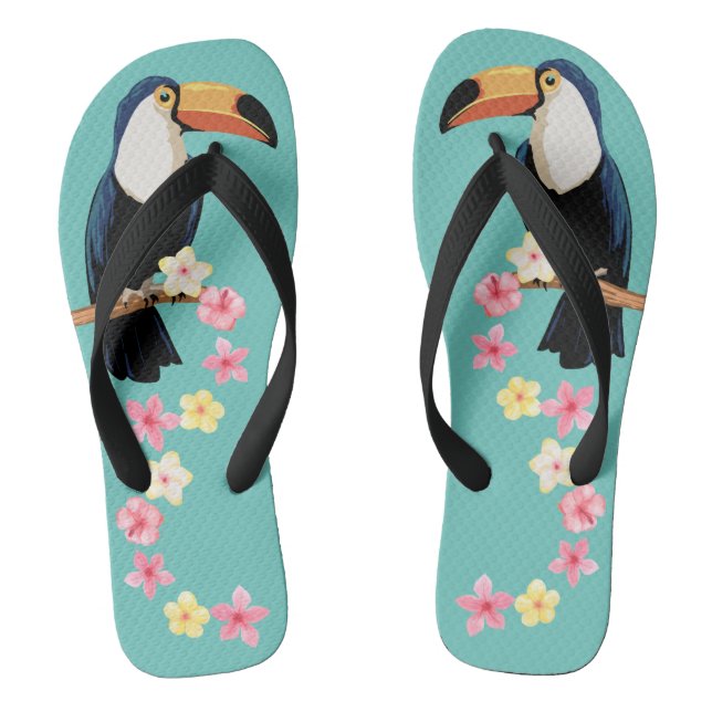 Toucan With Tropical Flowers Flip Flops (Footbed)