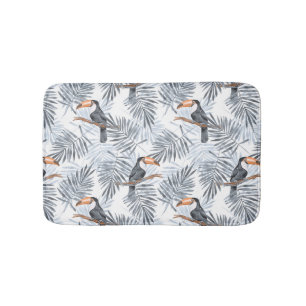 Toucanes and palm leaves. Grey Bath Mat