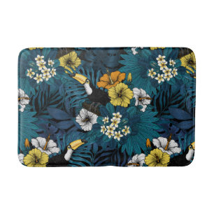 Toucans and tropical flora, blue , yellow , orange bath mat