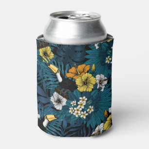 Toucans and tropical flora, blue , yellow , orange can cooler