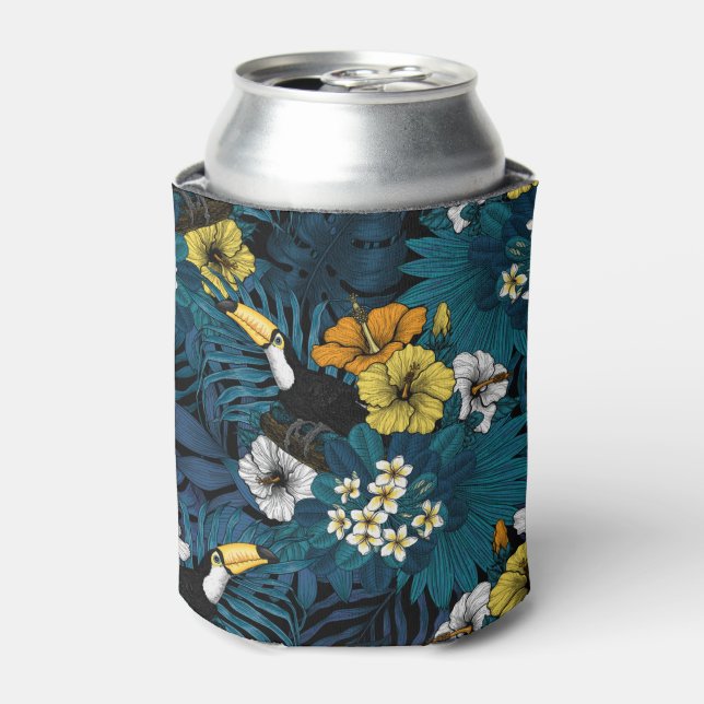 Toucans and tropical flora, blue , yellow , orange can cooler (Can Front)