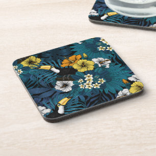 Toucans and tropical flora, blue , yellow , orange coaster