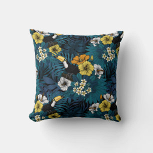 Toucans and tropical flora, blue , yellow , orange cushion