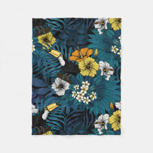 Toucans and tropical flora, blue , yellow , orange fleece blanket