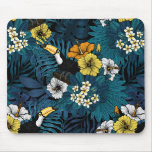 Toucans and tropical flora, blue , yellow , orange mouse mat