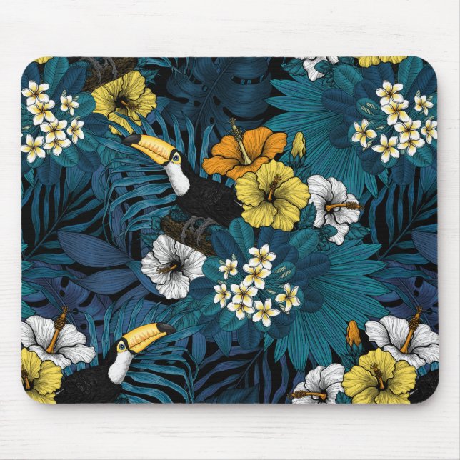 Toucans and tropical flora, blue , yellow , orange mouse mat (Front)